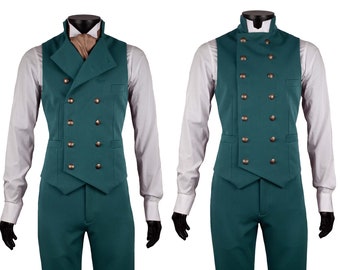 Double Breasted Waistcoat & Trousers Excalibur Belgium, Victorian vintage vest for men, Dandy steampunk, Made to Measure, Petrol Blue Green