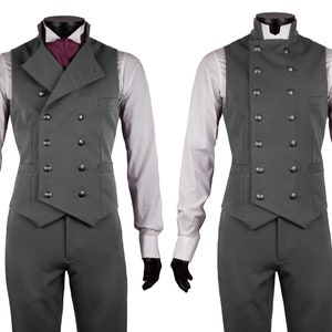 Double Breasted Waistcoat & Trousers by Excalibur Belgium, Victorian vintage vest for men, Dandy steampunk, Made to Measure, Silver Grey