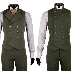 Double Breasted Waistcoat & Trousers by Excalibur Belgium, Victorian vintage vest for men, Dandy steampunk, Made to Measure, Olive Green