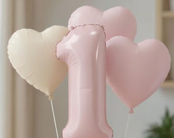 Pastel Pink Number Balloon Bouquet, Cream Heart Balloons Set