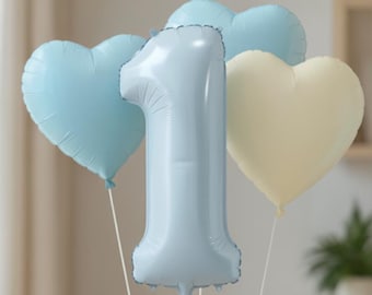 Giant Number Balloon, Pastel Blue Cream Heart Balloons Set | Cream Blue Birthday Party decor | Photo Prop for Baby Boy Party