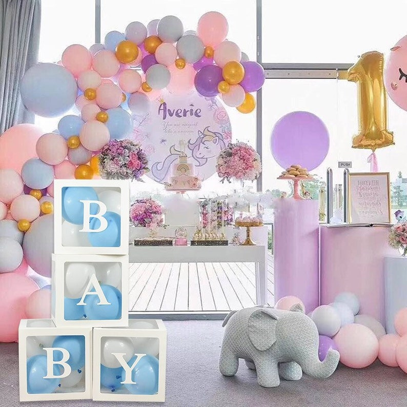Baby Box, Baby Shower decoration, Gender Reveal decoration, Baby Balloon Boxes, Neutral baby shower decor, baby announcement Blue/White balloons