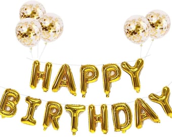 Large 16" Self Inflating Gold Happy BIRTHDAY BANNER, Happy Birthday BUNTING , Happy Birthday Decor, Happy Birthday Foil Banner with balloons