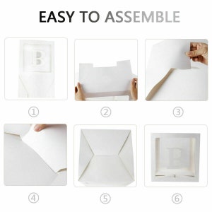 May include: A six-step assembly guide for a white cardboard box with a clear window. The box has a letter "B" cut out of the front panel. The steps are numbered 1 through 6.