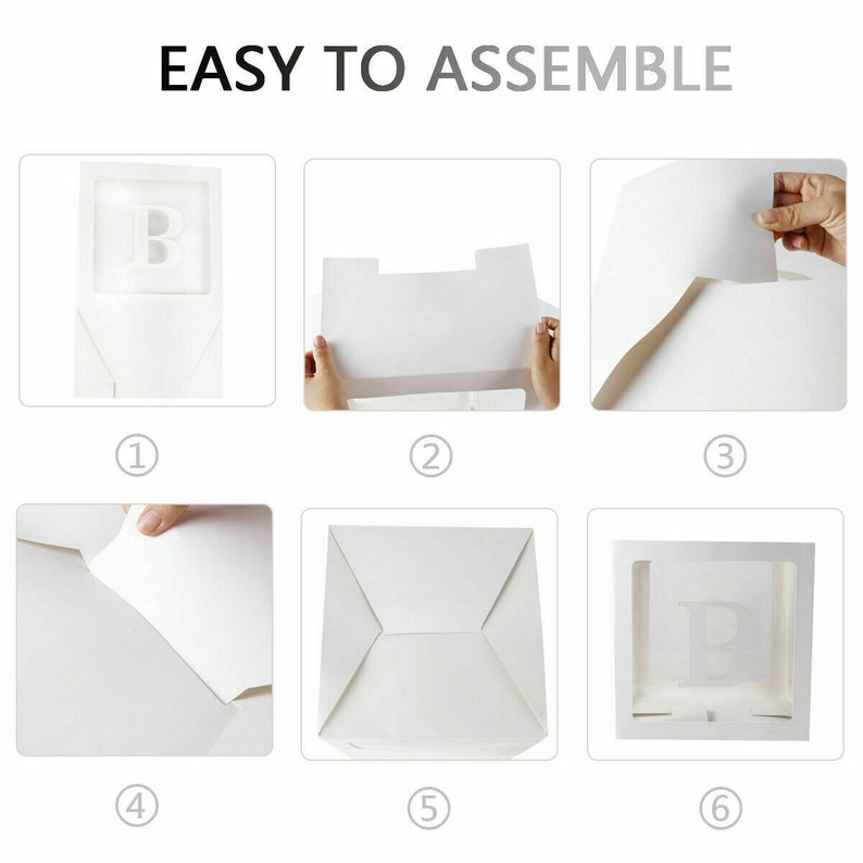 May include: A six-step assembly guide for a white cardboard box with a clear window. The box has a letter "B" cut out of the front panel. The steps are numbered 1 through 6.