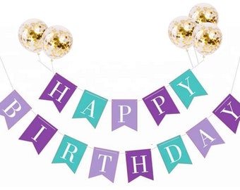 Happy Birthday Banner, Gold Confetti Balloons, Purple Birthday Decoration