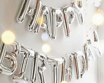 Happy Birthday Banner, Silver birthday decoration, Birthday Bunting , Happy Birthday Decoration, Happy Birthday Foil Banner, balloon banner