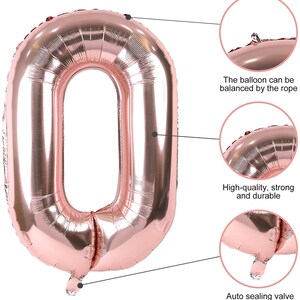 May include: Rose gold number 0 balloon. The balloon is inflated and has a self-sealing valve. The balloon can be balanced by a rope.