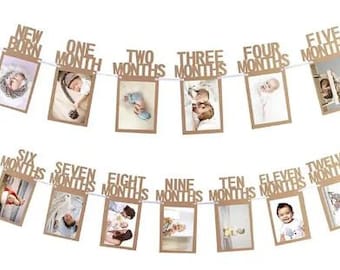 First Birthday Photo Banner 1st Birthday Baby Photo Banner Bunting Garland Newborn to 12 Months Birthday Party Decor Monthly Milestone Decor