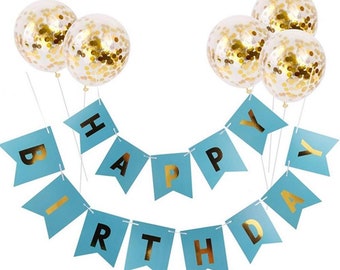 Gouden folie Happy Birthday-banner, confetti ballonnen
