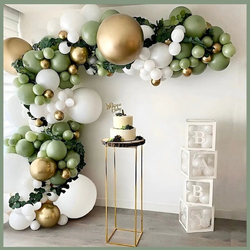 Sage Green Gold Balloons Garland Arch Kit, 134pcs Oh Baby Shower Party Balloons White Gold Balloons With Different Size For Baby Shower, Birthday, Graduation, Jungle, Eucalyptus Party Decorations