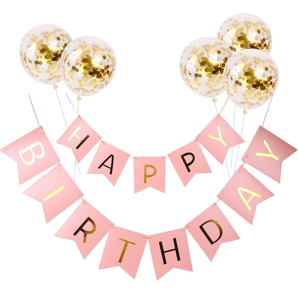 Pink Happy Birthday Banner with Gold Confetti Balloons