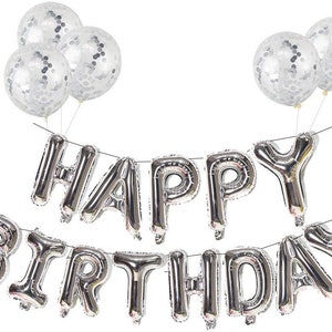 Großes 16" Selbst aufblasendes Silber Happy BIRTHDAY BANNER, Happy Birthday BUNTING, Happy Birthday Dekor, Happy Birthday Foil Banner und Ballon