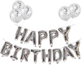 Large 16" Self Inflating Silver Happy BIRTHDAY BANNER, Happy Birthday BUNTING , Happy Birthday Decor, Happy Birthday Foil Banner and balloon