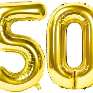 May include: Two gold foil balloons, one shaped like the number 5 and the other shaped like the number 0. The balloons are inflated and ready to be used for a party or celebration.