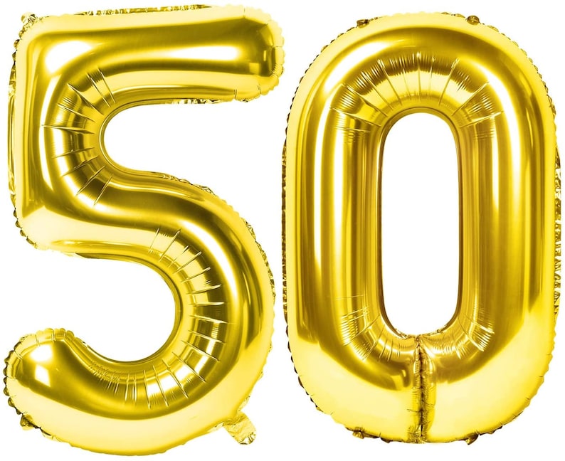 May include: Two gold foil balloons, one shaped like the number 5 and the other shaped like the number 0. The balloons are inflated and ready to be used for a party or celebration.