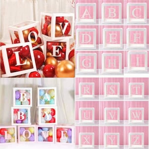 A-Z 0-9 Custom balloon box Personalised blocks Boy Girl Baby Shower Xmas Gifts Party Decoration Transparent Cardboard Box & Letters, Numbers