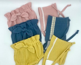 Baby Bonnet and Bloomer Set Reversible in Yellow and Gray