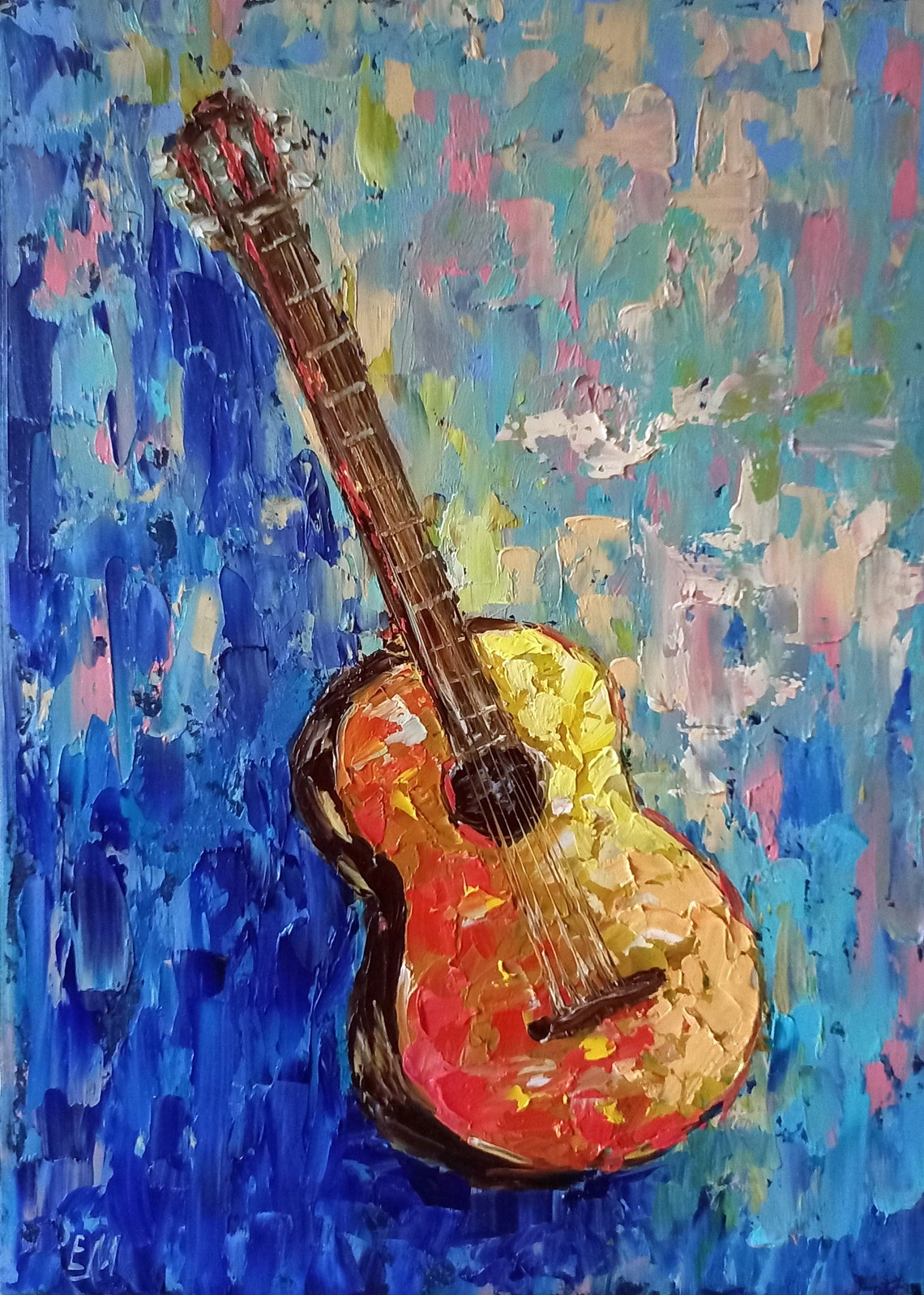 Guitar Painting Original Oil Art Impasto Abstraction Musical Etsy