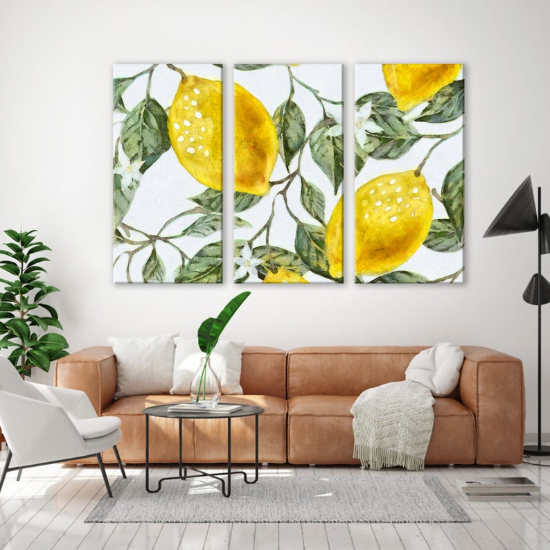 Lemon Print 3 Panels Lemon Leaves Wall Art Yellow & Green - Etsy