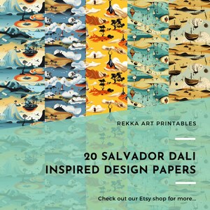 Peut inclure: Un ensemble de 20 papiers numériques imprimables inspirés de l'œuvre surréaliste de Salvador Dali. Les papiers présentent une variété de motifs abstraits en bleu, jaune et marron.
