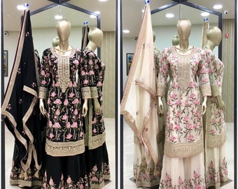 Costume Salwar en fausse georgette brodée avec séquence, robe Salwar Kameez Dupatta, tenue de mariage, travail en séquence dori codée avec manches complètes