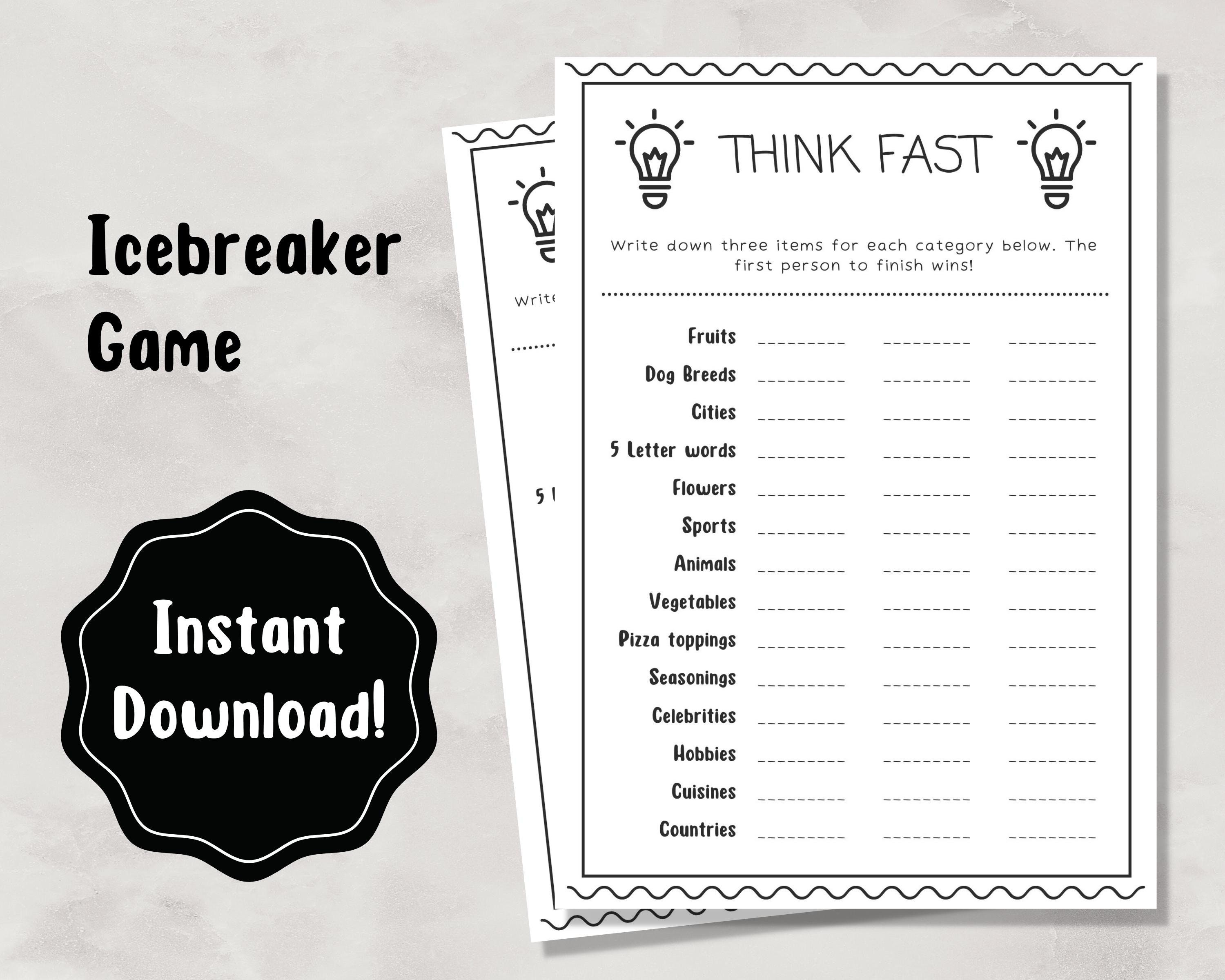 Think Fast Icebreaker Game Printable | Instant Download