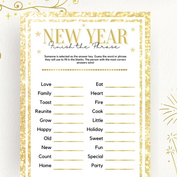 New Years Finish the phrase Game, New Years eve game, Family reunion, Adult Party Game, Holiday Party Game, Gold new years party game, 020