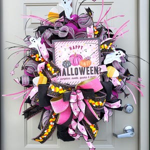 Pink Halloween Wreath with Ghosts & Candy Corn | “Happy Halloween” Door Decor