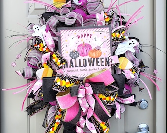 Pink Halloween Wreath with Ghosts & Candy Corn | “Happy Halloween” Door Decor