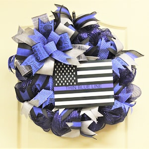 Police Wreath, Thin Blue Line Wreath, Police Support Wreath, Door Decor, Blue Wreath, Round Wreath, Law Enforcement, Everyday Wreath