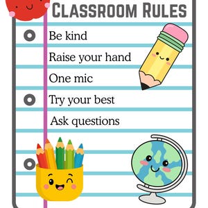 May include: A classroom rules sign on lined paper with a red apple, a yellow pencil, a yellow pencil holder with colored pencils, and a globe. The text reads: Classroom Rules, Be kind, Raise your hand, One mic, Try your best, and Ask questions.
