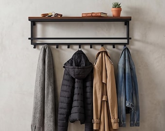 Wall Mounted Coat Rack with Hanger Rail, Wood and Metal Clothes Rack, Entryway Organizer, Modern Hallway Coat Hanger