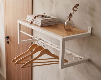 Wall Mount Entryway Organizer, Wall Mounted Coat Rack, Modern Hallway Organizer, Wooden and Metal Coat Hanger, Mudroom Storage Shelf