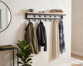 Wall Coat Rack with Shelf, Double Row Hooks, Wooden Metal Entryway Organizer, Modern Hallway Storage