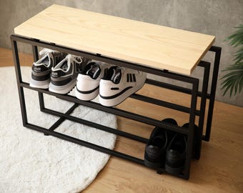 Two-Tier Industrial Shoe Bench: Oak & Metal Entryway Storage