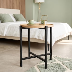 Round Side Table | Modern Coffee Table | Wooden End Table with Metal Legs | Easy Assembly | Fully Knock Down Living Room Table