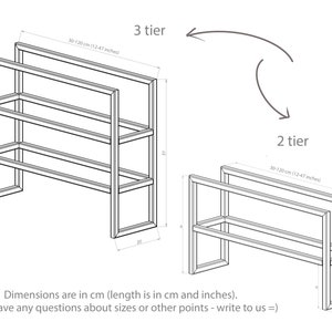 May include: Line drawing of a 2-tier and 3-tier metal shelf unit. The shelves are 30-120 cm (12-47 inches) long. Dimensions are in cm (length is in cm and inches). If you have any questions about sizes or other points - write to us =)