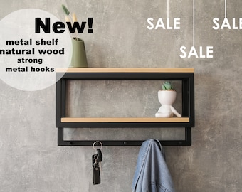 Wood & Metal Wall Shelf with Hooks: Entryway Coat Rack