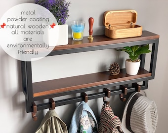 wall coat rack with shelf Hanger Handmade Industrial Coat Rail Hanging Storage Metal Pipework Garment Storage Wooden Clothing Coat 08.07