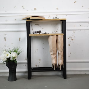 Console ash oak top, industrial hallway table, narrow console for entryway, customizable colors, modern design, Metal console with shelf,