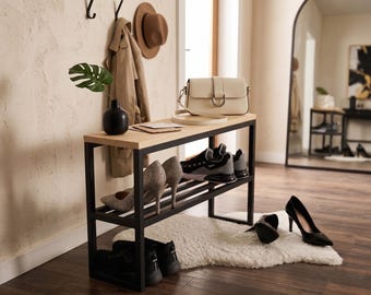 Narrow Entryway Shoe Bench, Wood and Metal Shoe Storage Rack, Modern Hallway Bench, Mudroom Organizer, Custom Length
