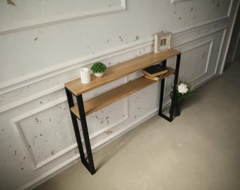 Console Table with 2 Shelves | Modern Entryway Table | Narrow Hallway Console | Industrial Sofa Table | Oak or Ash Wood