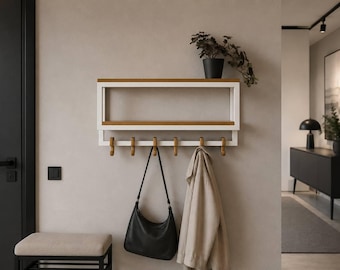 Modern Wall Coat Rack with Shelf, Wood Hooks, Entryway Organizer, Wall Mounted Coat Hanger, Mudroom Storage, Metal and Wood Shelf