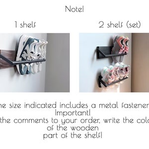 May include: Two images showing a shoe rack with a metal bar and a wooden shelf. The first image shows one shelf with three pairs of shoes. The second image shows two shelves with four pairs of shoes. The text "Note!" is at the top of the image. The text "1 shelf" is above the first image. The text "2 shelf (set)" is above the second image. The text "The size indicated includes a metal fastener! Important! In the comments to your order, write the color of the wooden part of the shelf!" is below the images.