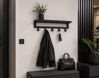 Modern Wall Coat Rack with Shelf, Entryway Organizer with Hooks, Wood and Metal Hallway Storage