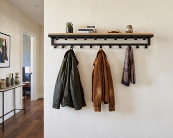 Entryway Coat Rack with Wooden Shelf, Double Hooks Wall Mount, Rustic Hallway Storage Organizer, Modern Mudroom Space Saving Shelf