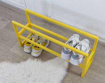 Hallway 2 tier yellow shoe rack, Black shoe furniture stand, Entryway Organization for shoes, Custom industrial shoe organizer for home gift