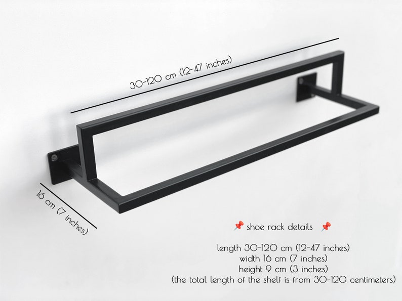 May include: Black metal shoe rack with adjustable length from 12 to 47 inches. The rack is 7 inches wide and 3 inches high.