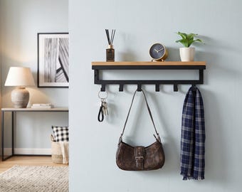 Wooden Metal Coat Rack with Shelf | Wall Mounted Entryway Organizer | Wood and Metal Hallway Storage